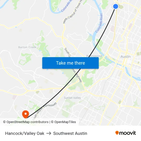 Hancock/Valley Oak to Southwest Austin map