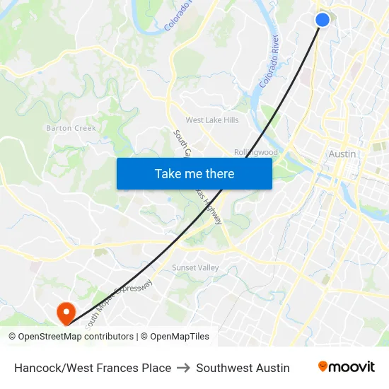 Hancock/West Frances Place to Southwest Austin map