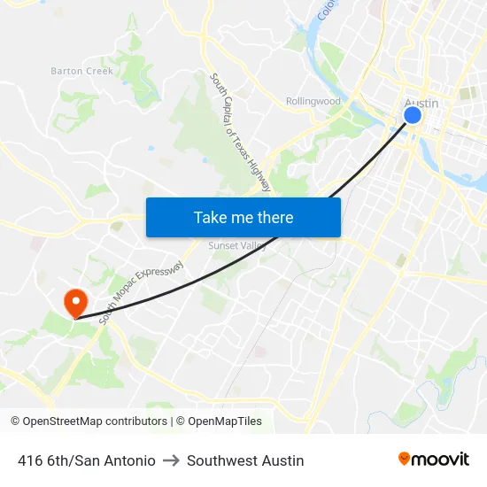416 6th/San Antonio to Southwest Austin map