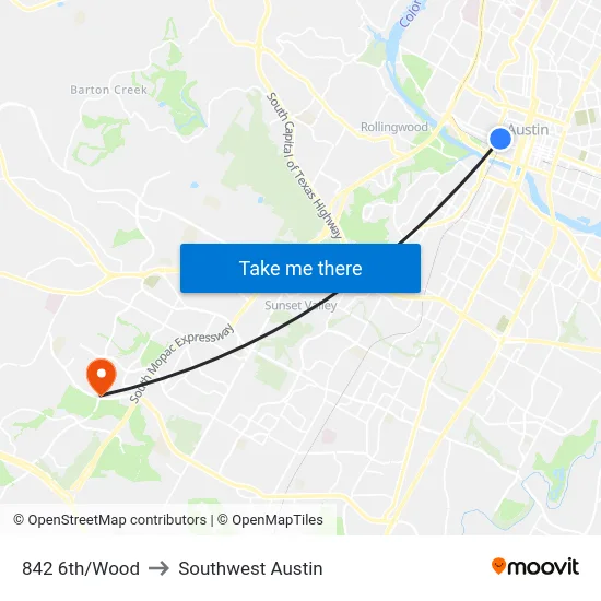 842 6th/Wood to Southwest Austin map