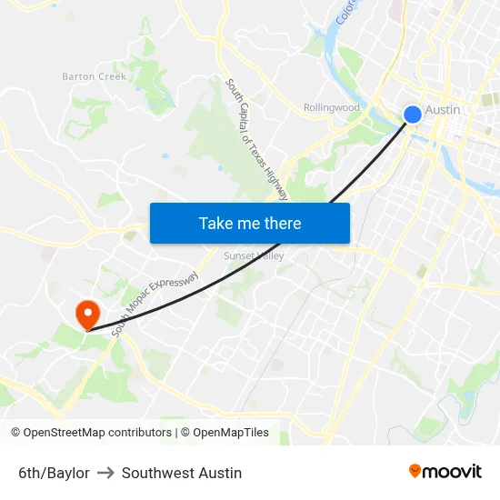 6th/Baylor to Southwest Austin map