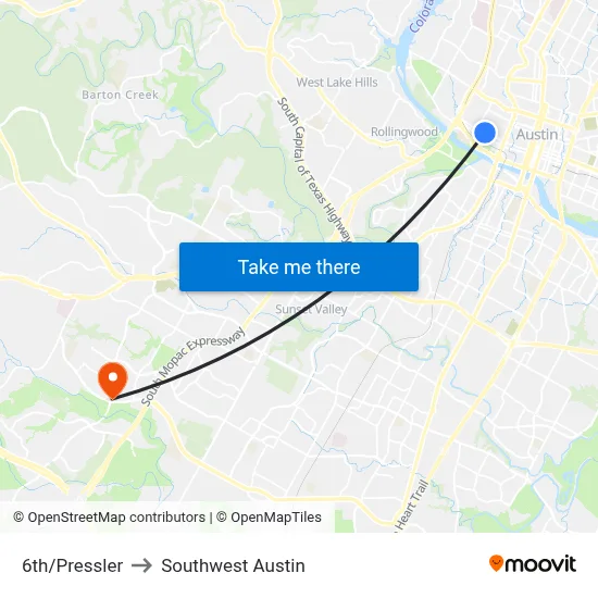 6th/Pressler to Southwest Austin map