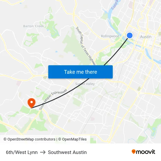 6th/West Lynn to Southwest Austin map