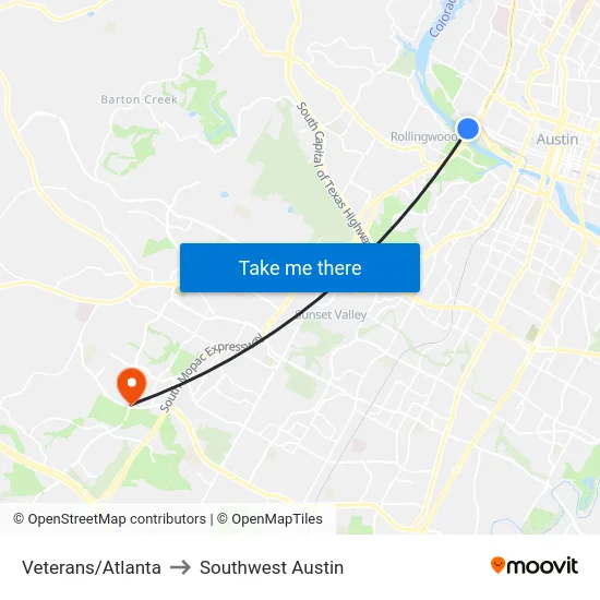 Veterans/Atlanta to Southwest Austin map