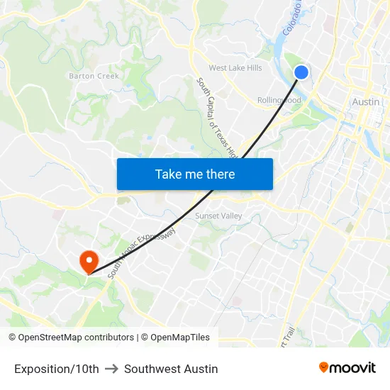 Exposition/10th to Southwest Austin map