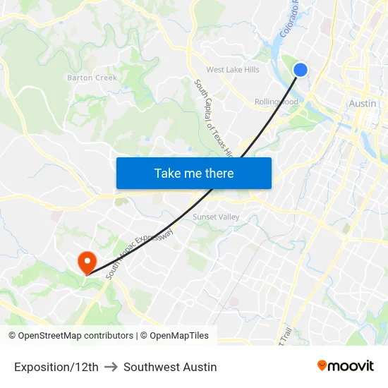 Exposition/12th to Southwest Austin map