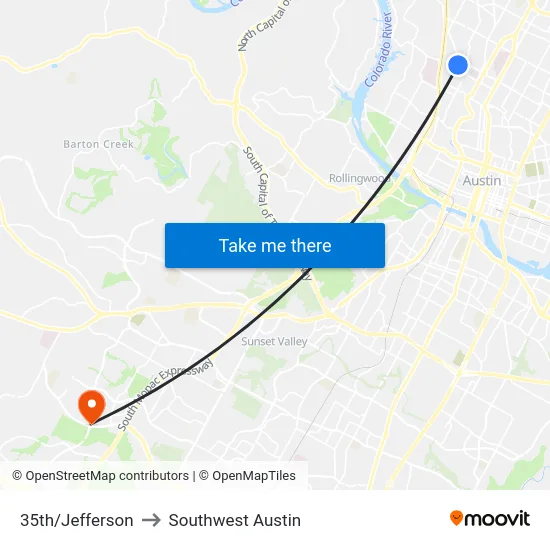 35th/Jefferson to Southwest Austin map