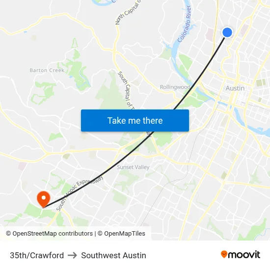 35th/Crawford to Southwest Austin map
