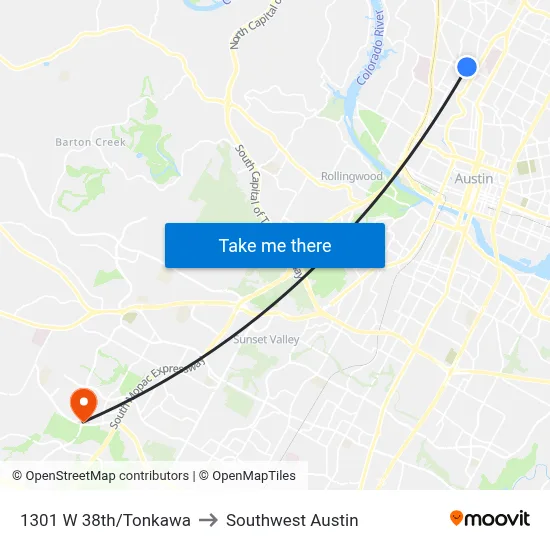 1301 W 38th/Tonkawa to Southwest Austin map