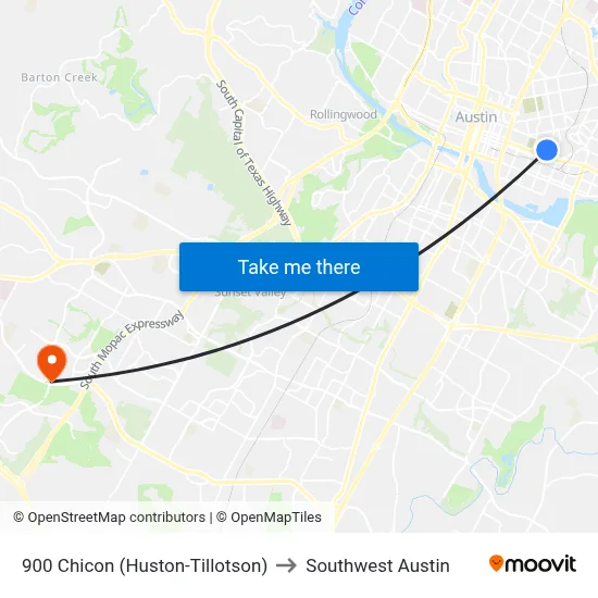 900 Chicon (Huston-Tillotson) to Southwest Austin map