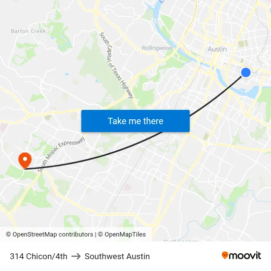 314 Chicon/4th to Southwest Austin map