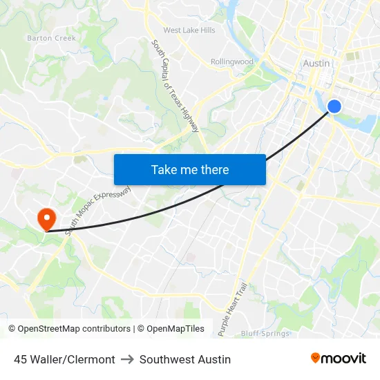 45 Waller/Clermont to Southwest Austin map