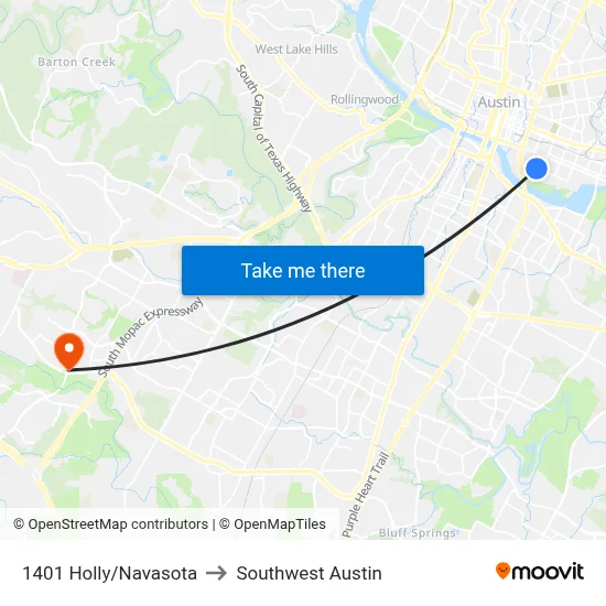1401 Holly/Navasota to Southwest Austin map