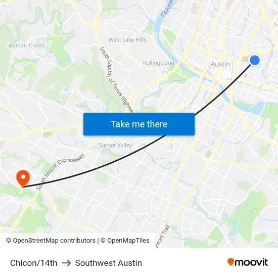 Chicon/14th to Southwest Austin map