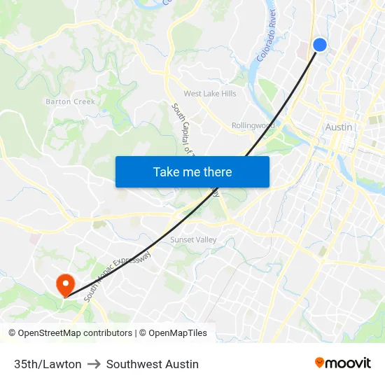 35th/Lawton to Southwest Austin map