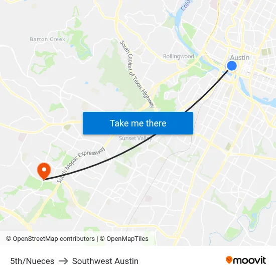 5th/Nueces to Southwest Austin map