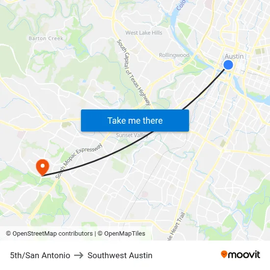 5th/San Antonio to Southwest Austin map