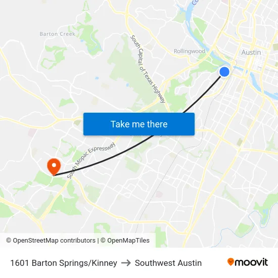 1601 Barton Springs/Kinney to Southwest Austin map