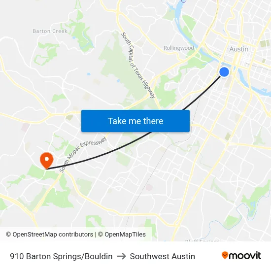 910 Barton Springs/Bouldin to Southwest Austin map