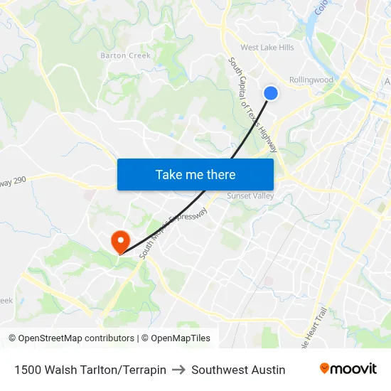 1500 Walsh Tarlton/Terrapin to Southwest Austin map
