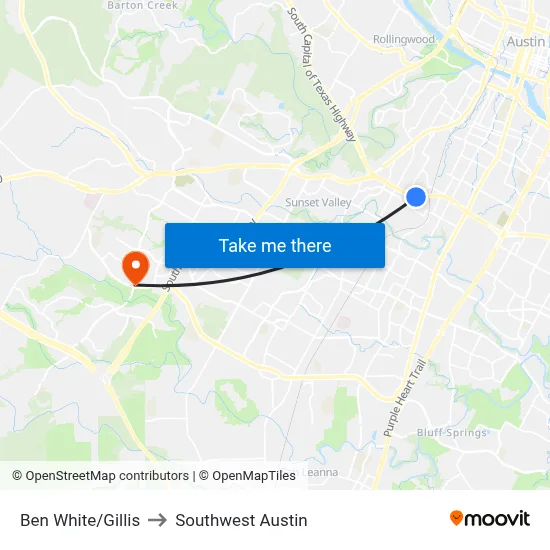 Ben White/Gillis to Southwest Austin map