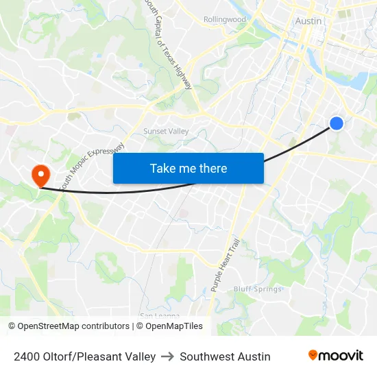 2400 Oltorf/Pleasant Valley to Southwest Austin map
