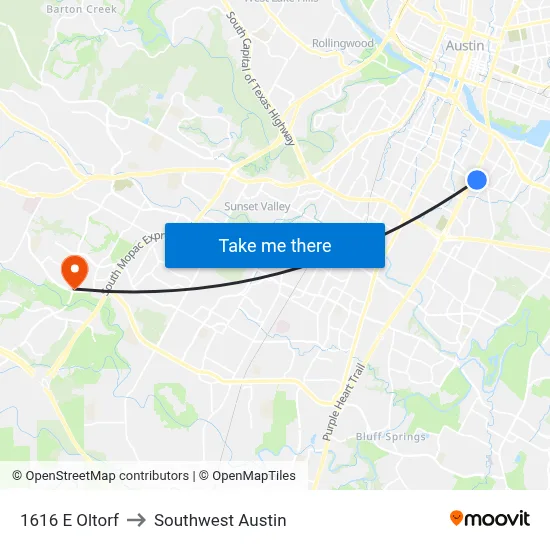 1616 E Oltorf to Southwest Austin map