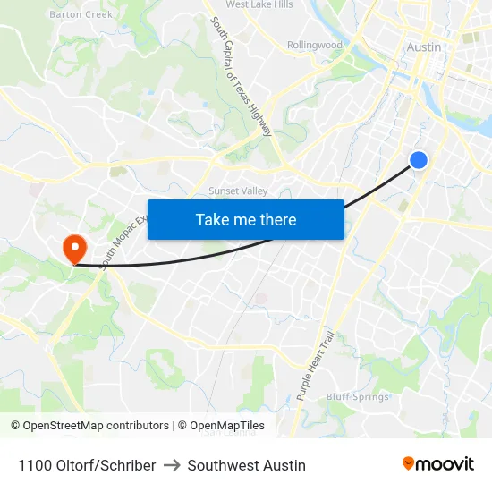 1100 Oltorf/Schriber to Southwest Austin map