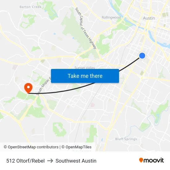 512 Oltorf/Rebel to Southwest Austin map