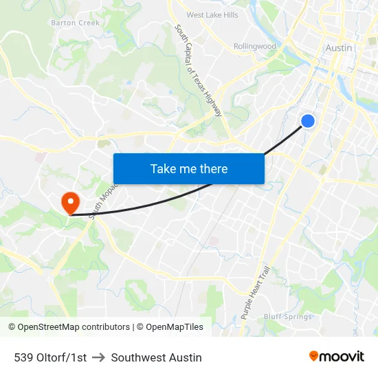 539 Oltorf/1st to Southwest Austin map