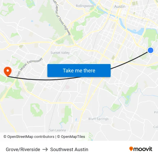 Grove/Riverside to Southwest Austin map
