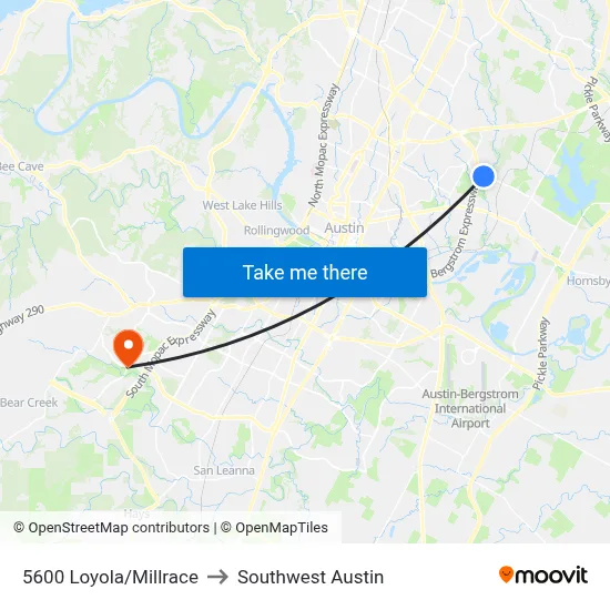 5600 Loyola/Millrace to Southwest Austin map