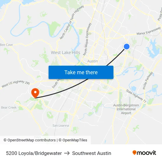 5200 Loyola/Bridgewater to Southwest Austin map