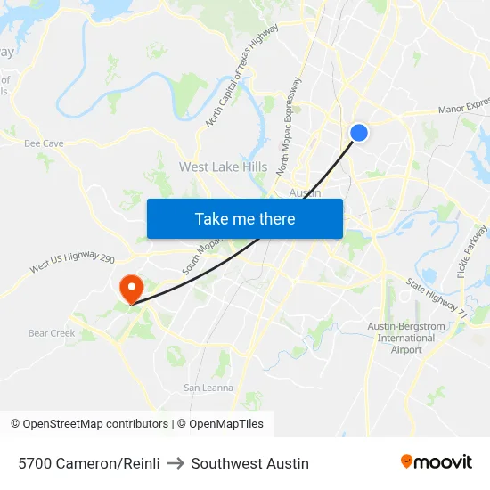 5700 Cameron/Reinli to Southwest Austin map