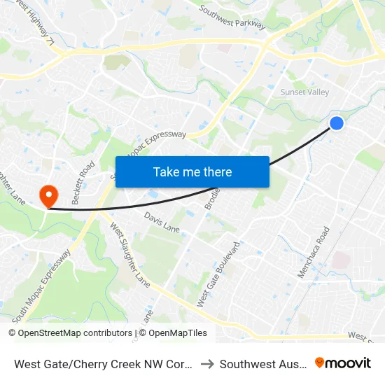 West Gate/Cherry Creek NW Corner to Southwest Austin map