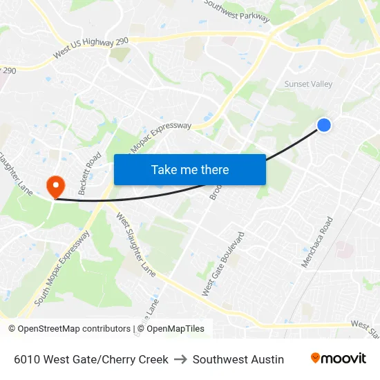 6010 West Gate/Cherry Creek to Southwest Austin map