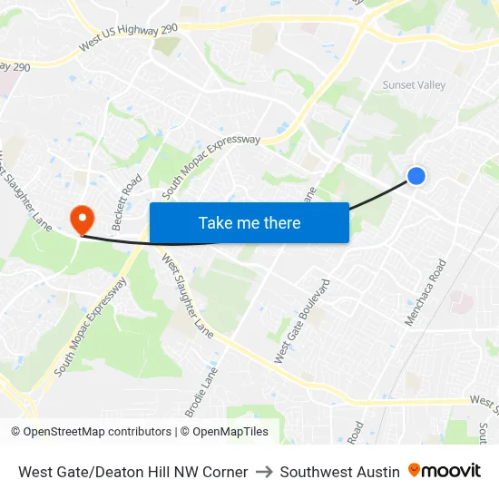 West Gate/Deaton Hill NW Corner to Southwest Austin map