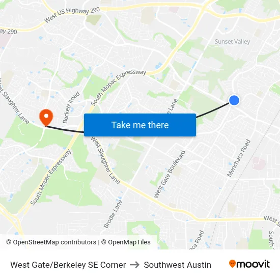 West Gate/Berkeley SE Corner to Southwest Austin map