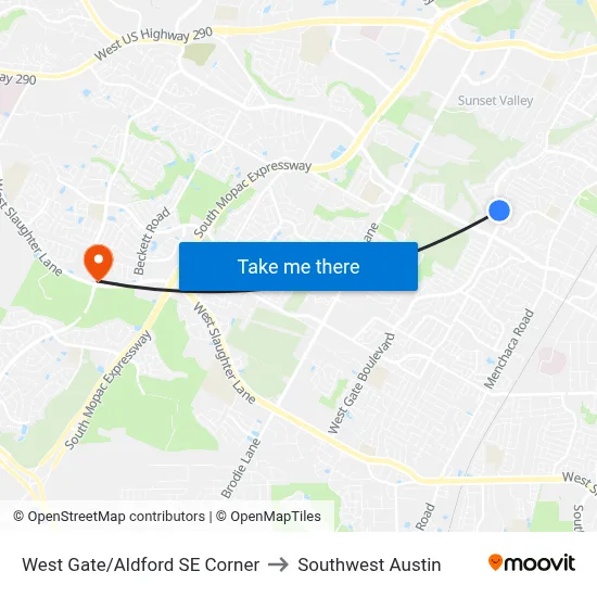 West Gate/Aldford SE Corner to Southwest Austin map