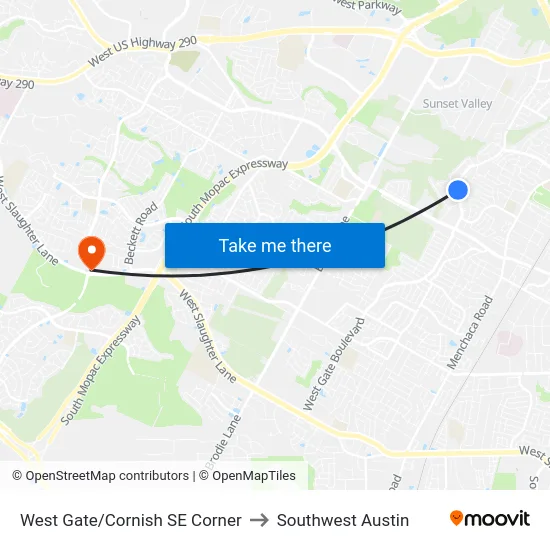 West Gate/Cornish SE Corner to Southwest Austin map