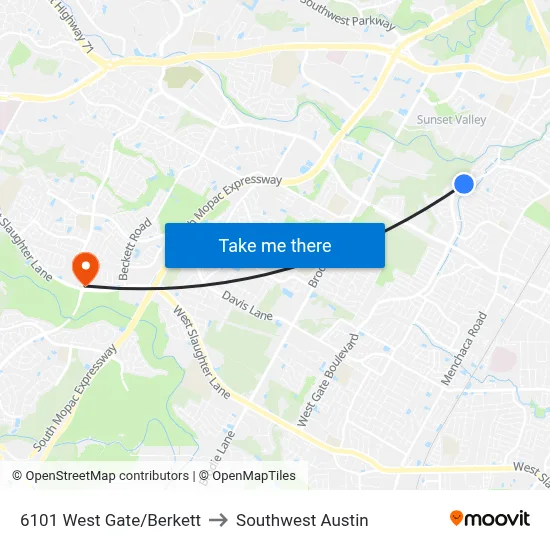 6101 West Gate/Berkett to Southwest Austin map