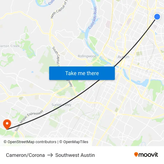 Cameron/Corona to Southwest Austin map