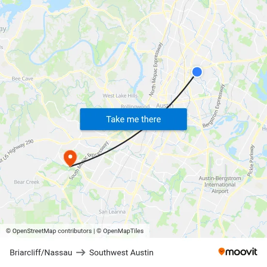 Briarcliff/Nassau to Southwest Austin map