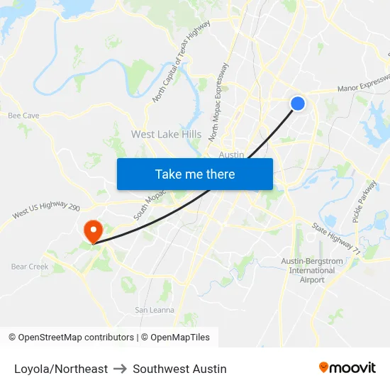 Loyola/Northeast to Southwest Austin map