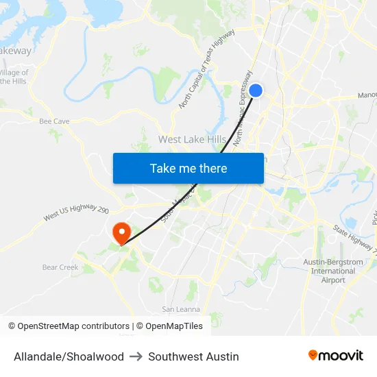 Allandale/Shoalwood to Southwest Austin map