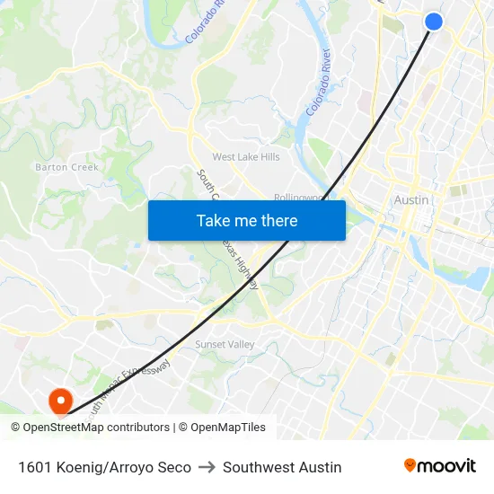 1601 Koenig/Arroyo Seco to Southwest Austin map