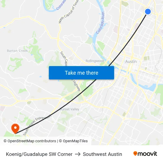 Koenig/Guadalupe SW Corner to Southwest Austin map