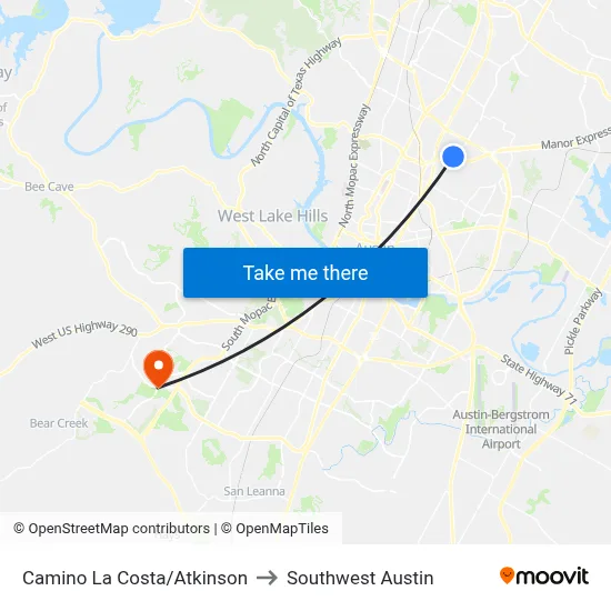 Camino La Costa/Atkinson to Southwest Austin map