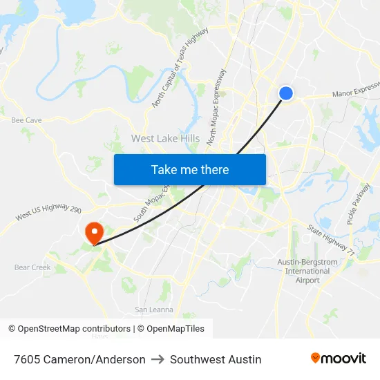 7605 Cameron/Anderson to Southwest Austin map