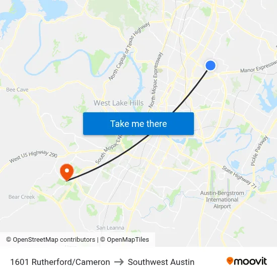 1601 Rutherford/Cameron to Southwest Austin map
